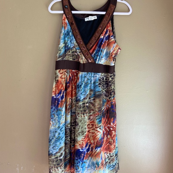 Plus size women's 2X dress brown blue yellow multi color sleeveless - Picture 1 of 5
